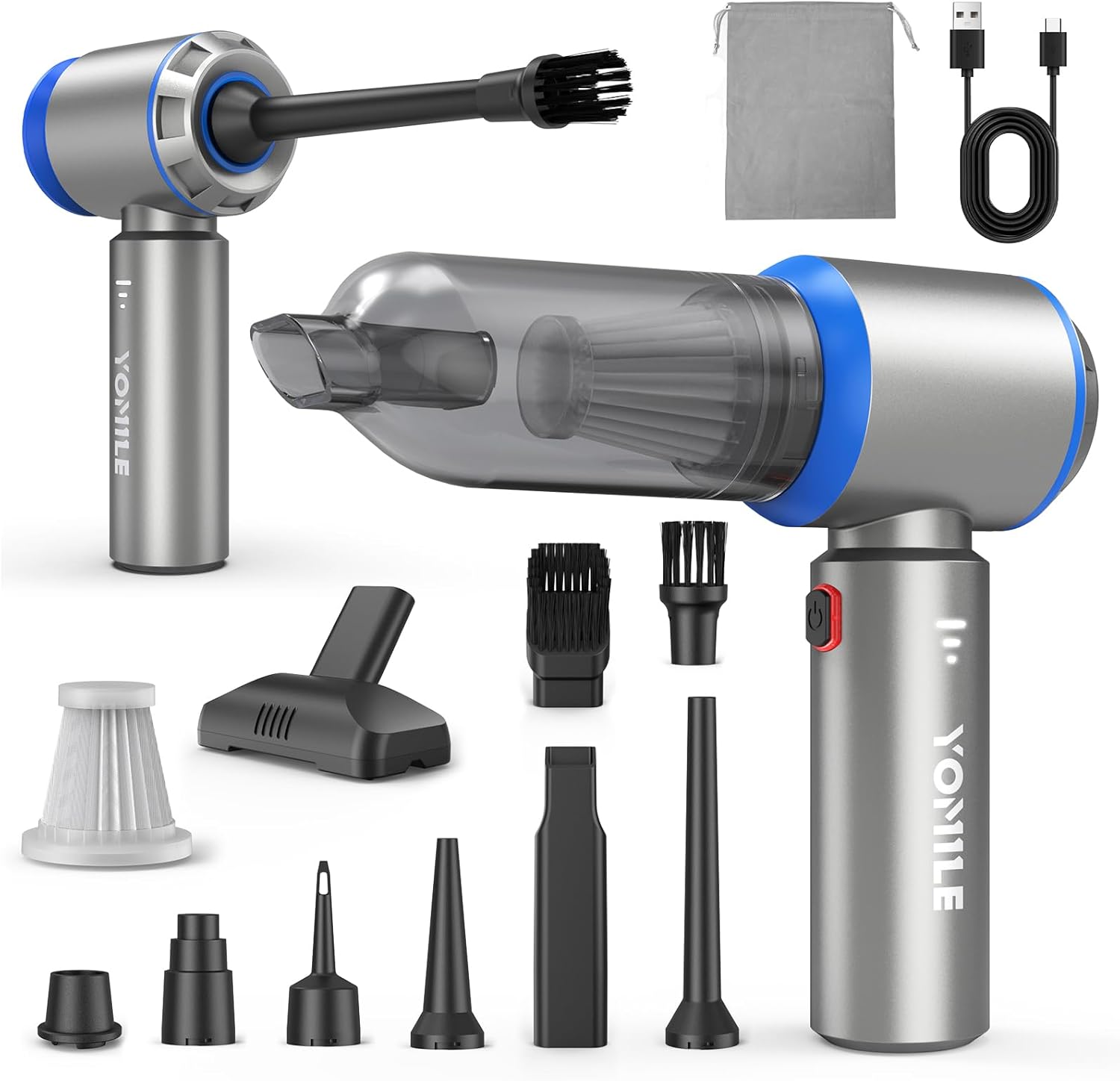 Aspirateur à main sans fil Yomile 25 000 Pa 120 W, moteur sans brosse 210 000 tr/min, 4 en 1 multifonction (aspire, souffle, gonfle, vide), accessoires 9 têtes, coloris bleu, offre Amazon 23,99 €