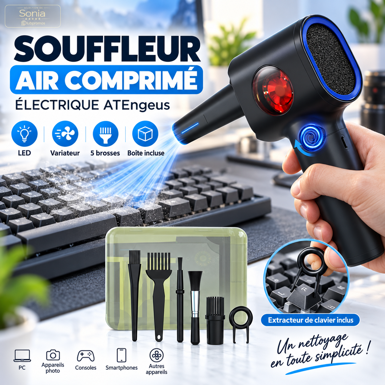 Souffleur air comprimé électrique ATEngeus avec variateur et LED à 19,99 euros sur Amazon