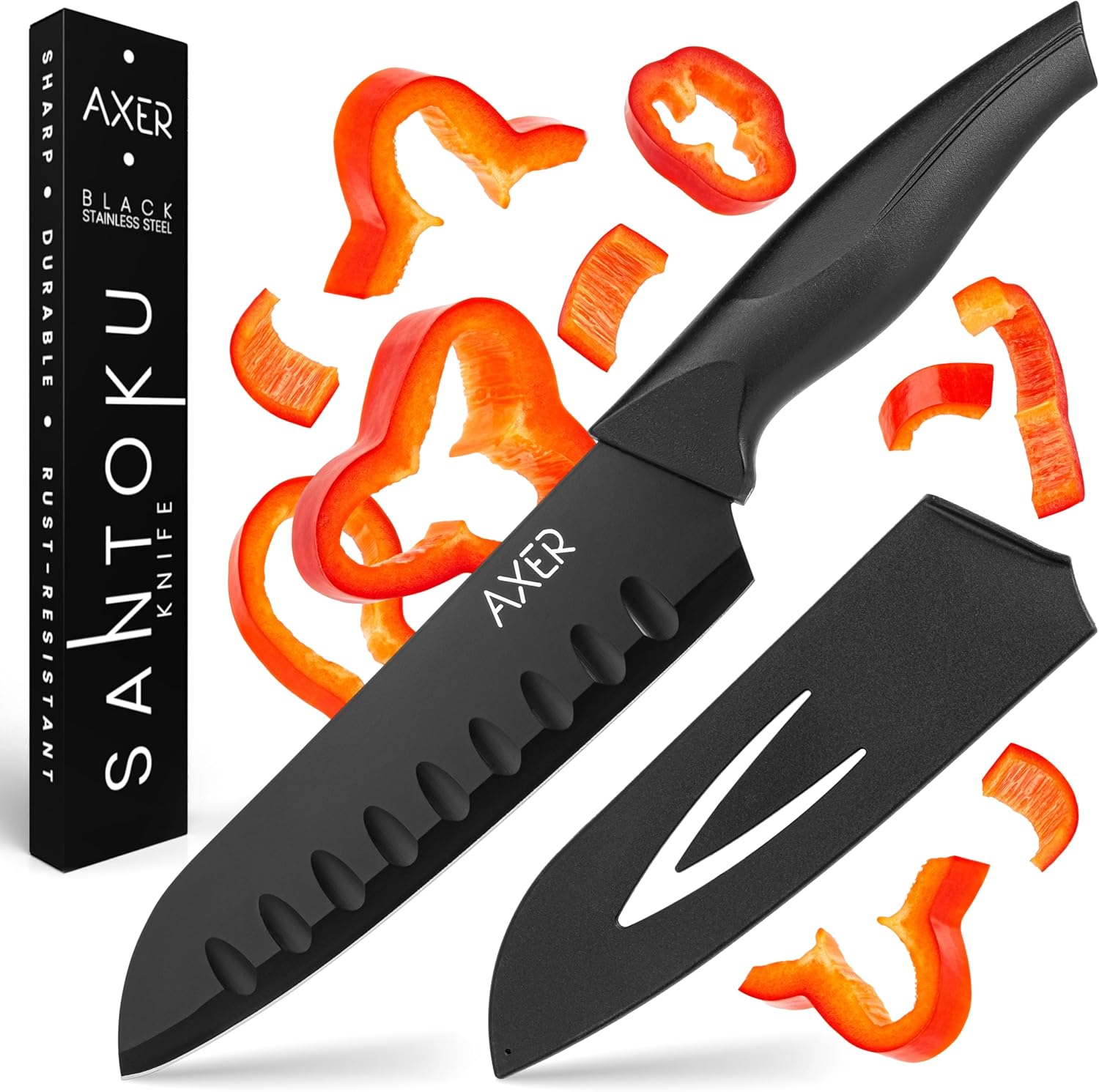 Couteau Santoku Axer noir en acier inoxydable avec lame de 17,5 cm, revêtement antiadhésif, bord alvéolé et étui de protection, bon plan Amazon cuisine