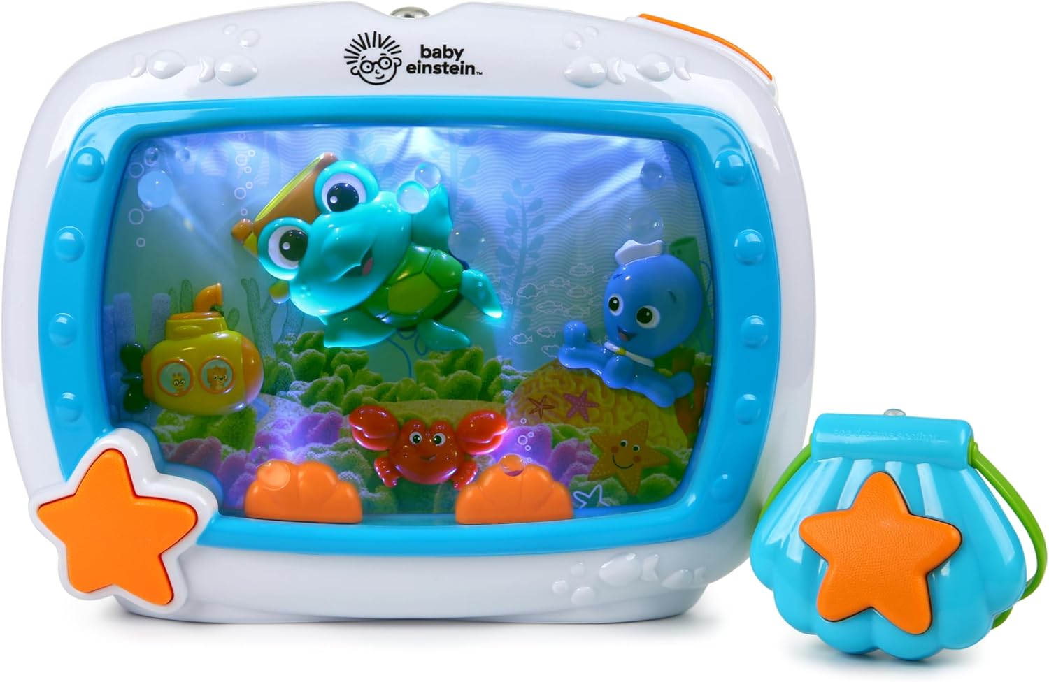 Veilleuse musicale Baby Einstein Sea Dreams Soother – lumières 25 min, berceuses, bruits blancs, télécommande 4 m, fixation lit bébé, Ø ~26 cm.