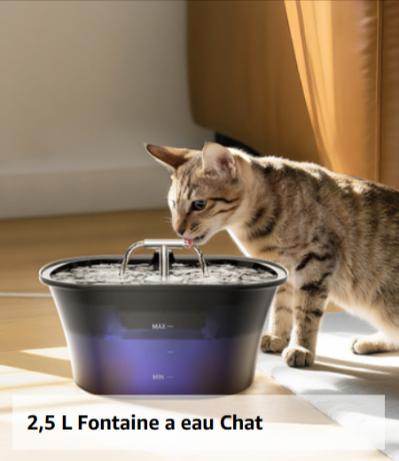  Fontaine à eau pour chat BalimoPet 2,5L, LED de niveau, double sortie et filtration quadruple, ≤25 dB, cuve transparente, entretien facile.