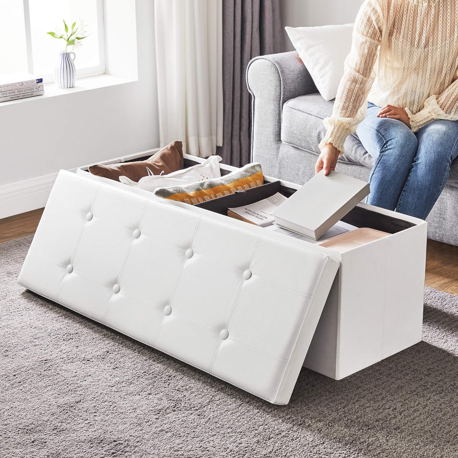  Banc coffre de rangement pliable blanc SONGMICS 120L – structure MDF – siège jusqu’à 300 kg – 110 cm de large