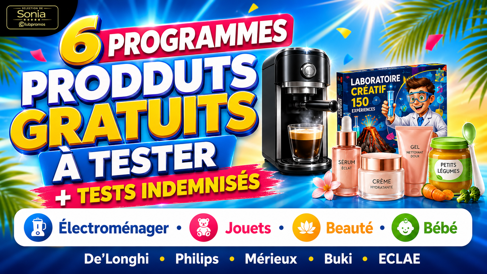 Bannière présentant 6 programmes de tests produits gratuits avec De’Longhi, Philips, Mérieux NutriSciences, Buki et ECLAE