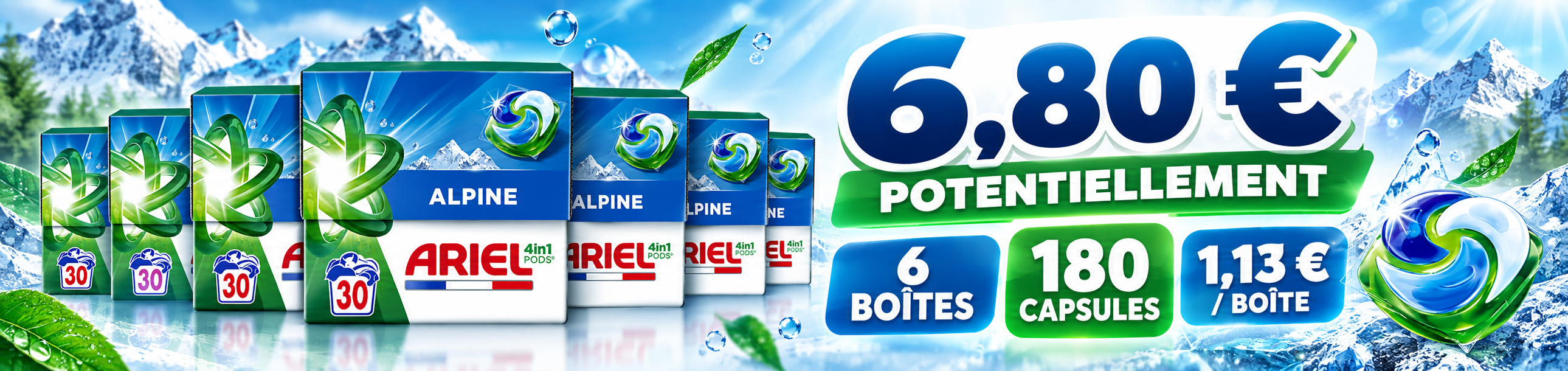 Offre Ariel 4in1 Pods Alpine x30 avec 6 boîtes potentiellement à 6,80 € après optimisation