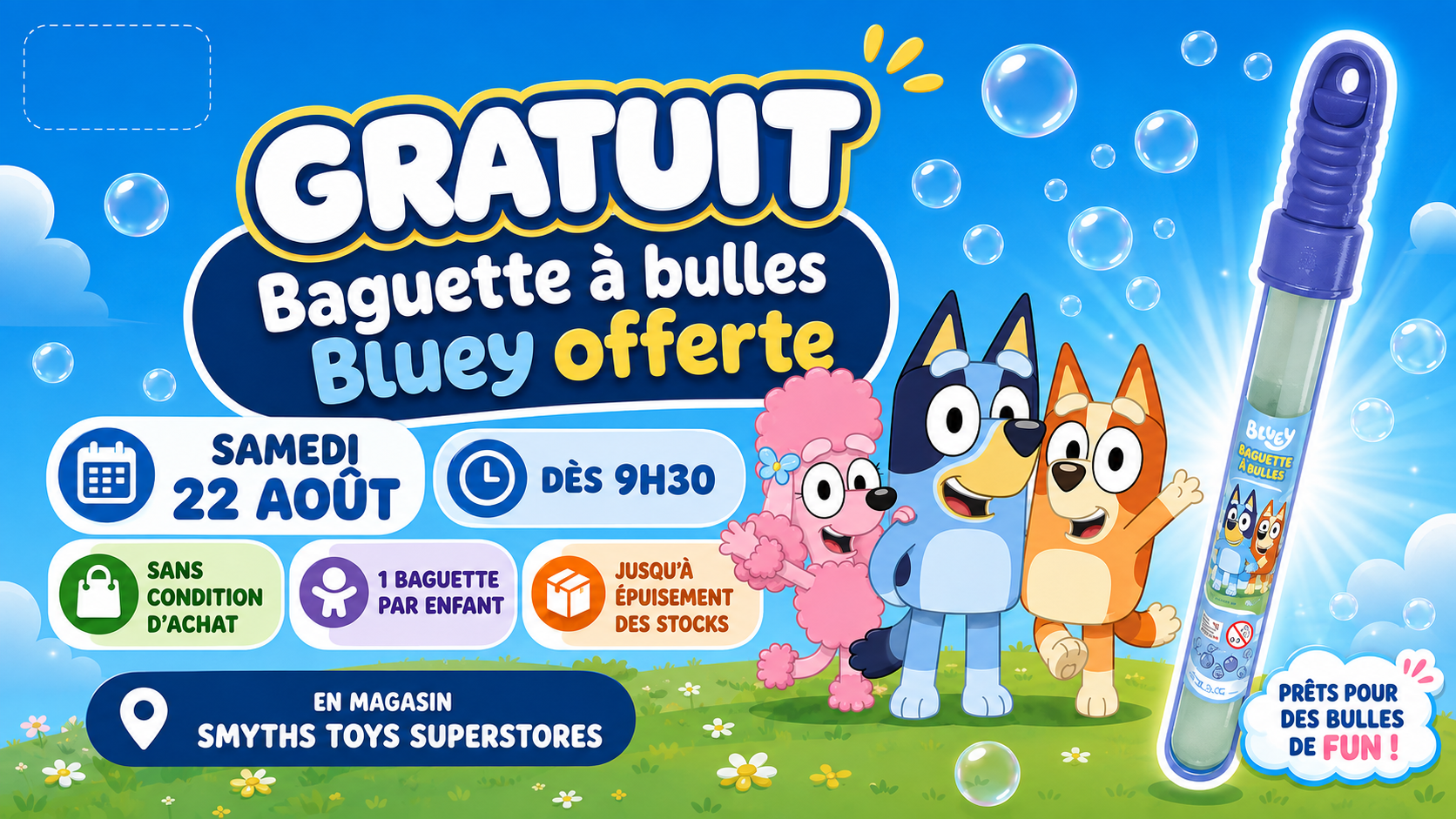 Bannière ClubPromos consacrée à la distribution gratuite de baguettes à bulles Bluey chez Smyths Toys, sans condition d’achat.