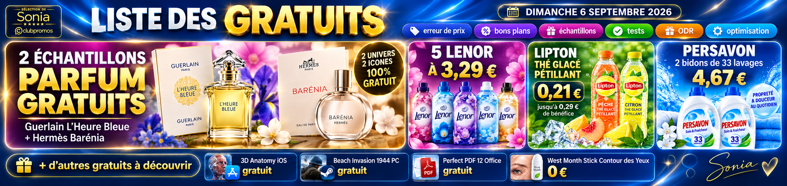 Bannière du récap bons plans des 5 et 6 septembre 2026 avec échantillons parfum gratuits, optimisations Lenor, Lipton et Persavon