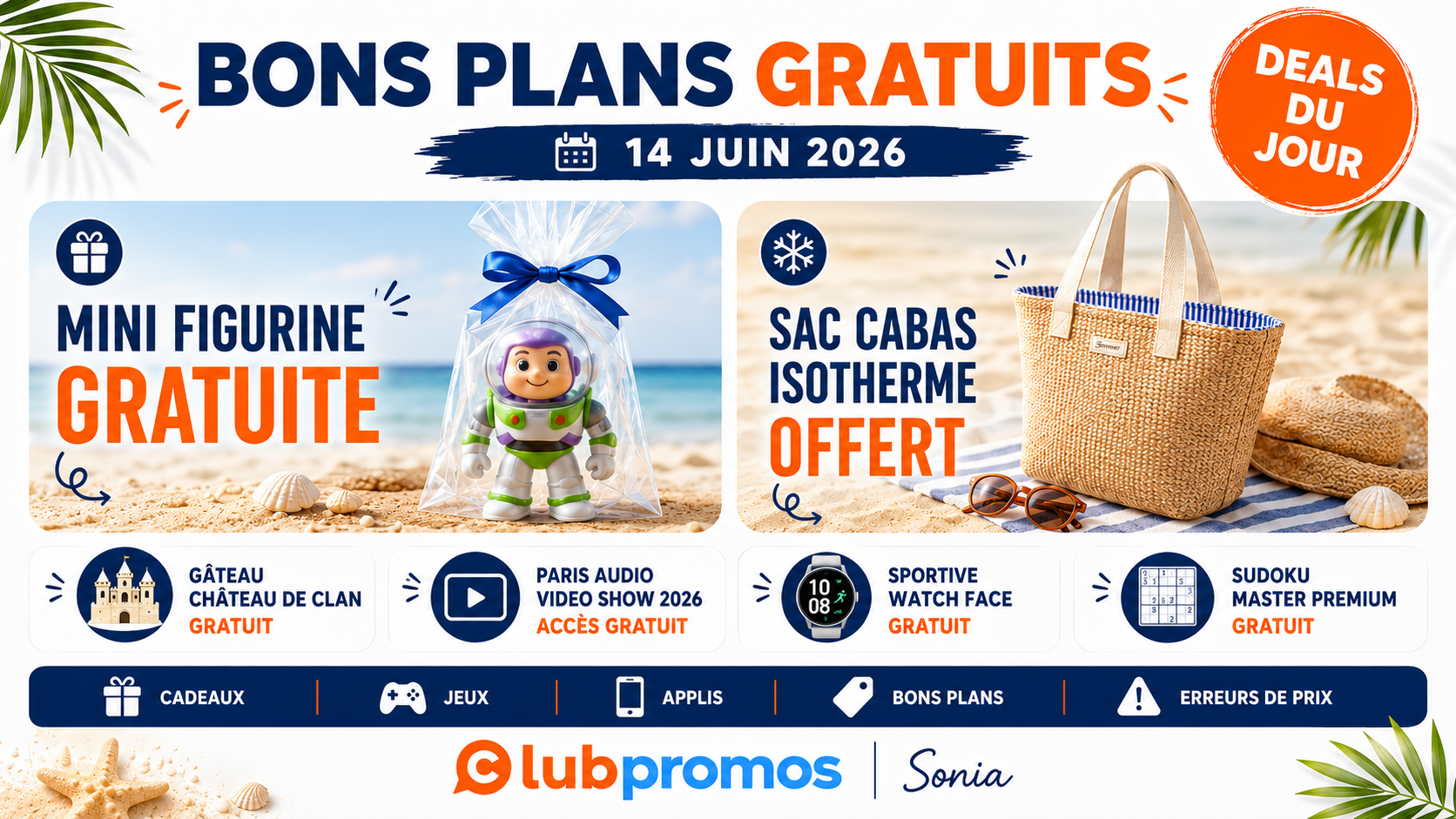 Bannière ClubPromos des bons plans gratuits du dimanche 14 juin 2026 mettant en avant la mini-figurine Toy Story gratuite, le sac isotherme Maison Garense offert et plusieurs applications et jeux gratuits.