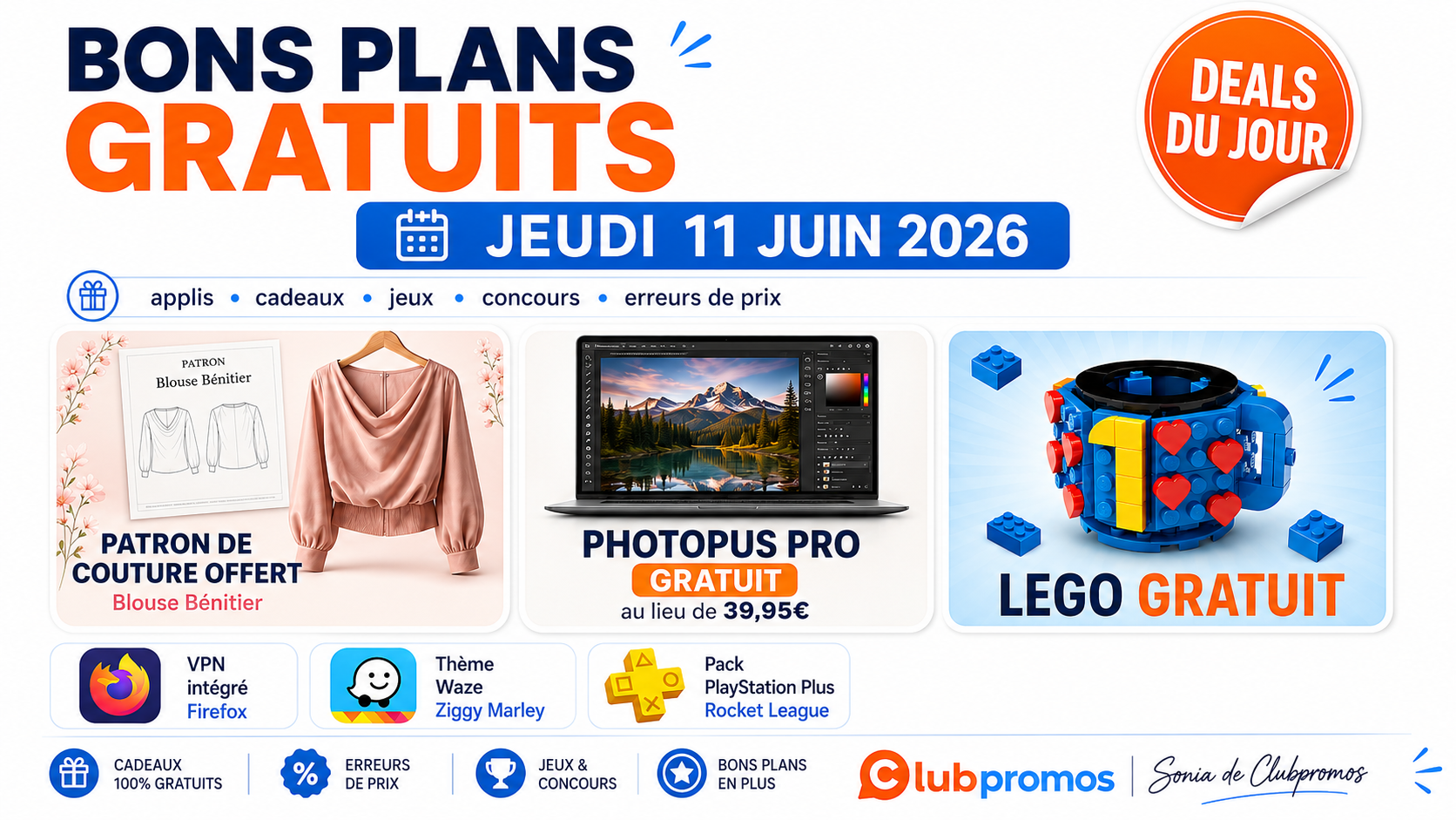 Bannière ClubPromos dédiée aux bons plans gratuits du jeudi 11 juin 2026 mettant en avant le patron de couture offert, le logiciel Photopus Pro gratuit, l'offre LEGO gratuite ainsi qu'une sélection de cadeaux, applications et autres bons plans.