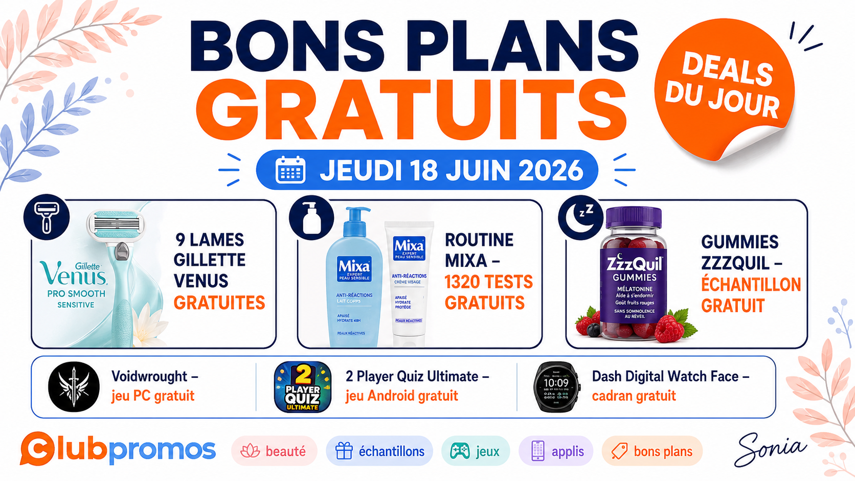 Bannière ClubPromos des bons plans gratuits du jeudi 18 juin 2026 avec Gillette Venus gratuit, tests Mixa gratuits et échantillons ZzzQuil Sommeil.