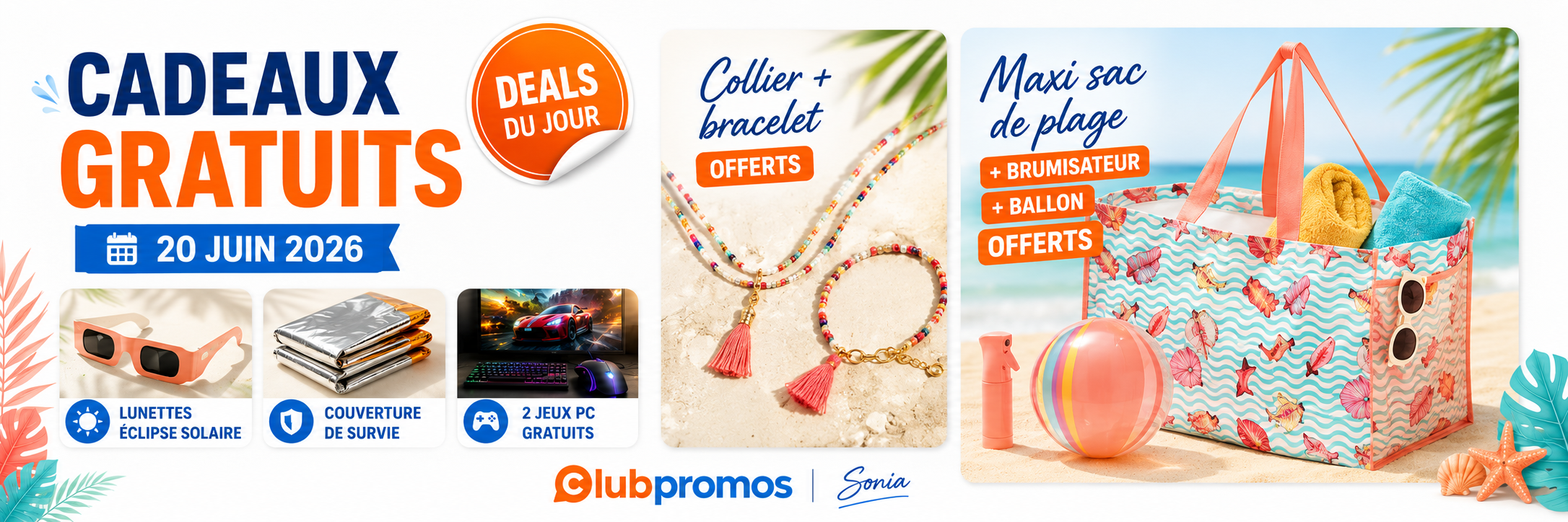 Bannière ClubPromos des cadeaux gratuits du samedi 20 juin 2026 mettant en avant Hipanema, sac de plage offert et jeux gratuits.