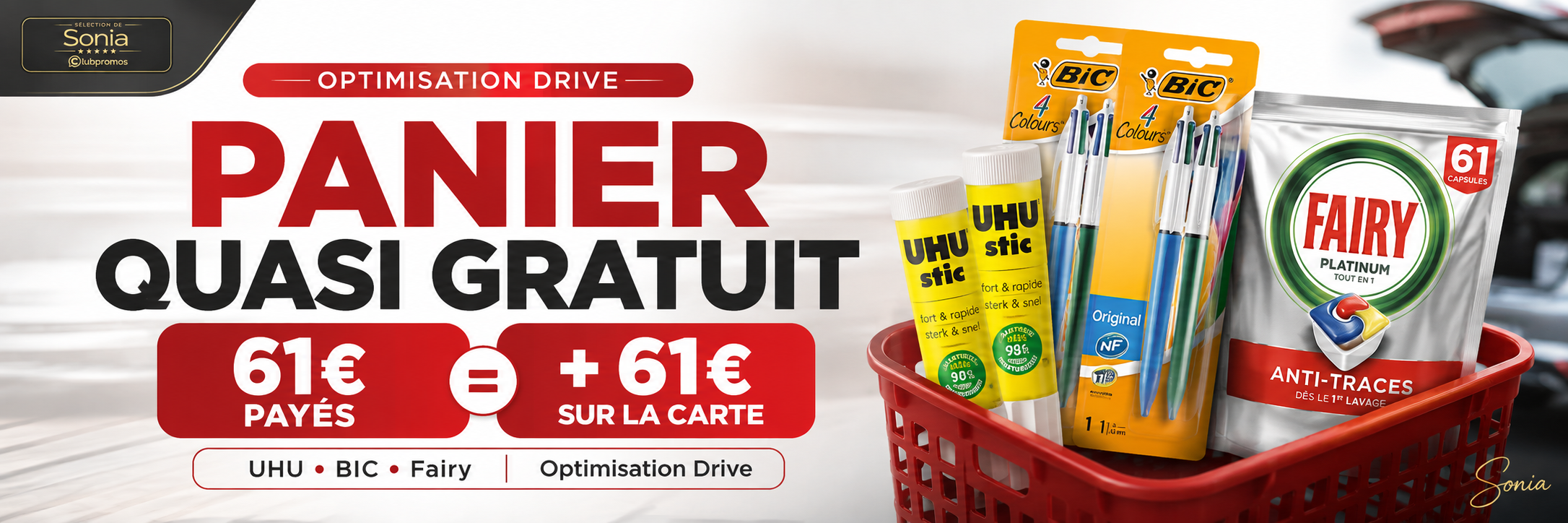 Bannière Carrefour Drive montrant un panier quasi gratuit avec environ 61 € payés et plus de 61 € récupérés sur la Carte Carrefour