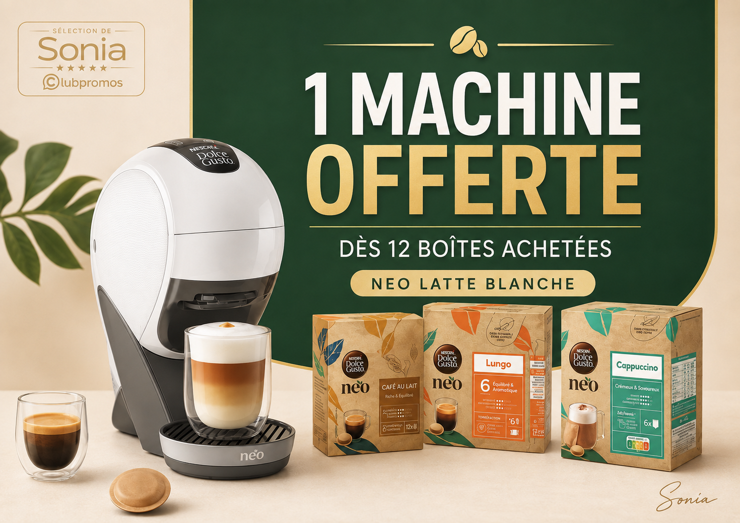 Bannière Dolce Gusto NEO Latte blanche offerte avec l’achat de 12 boîtes de dosettes NEO
