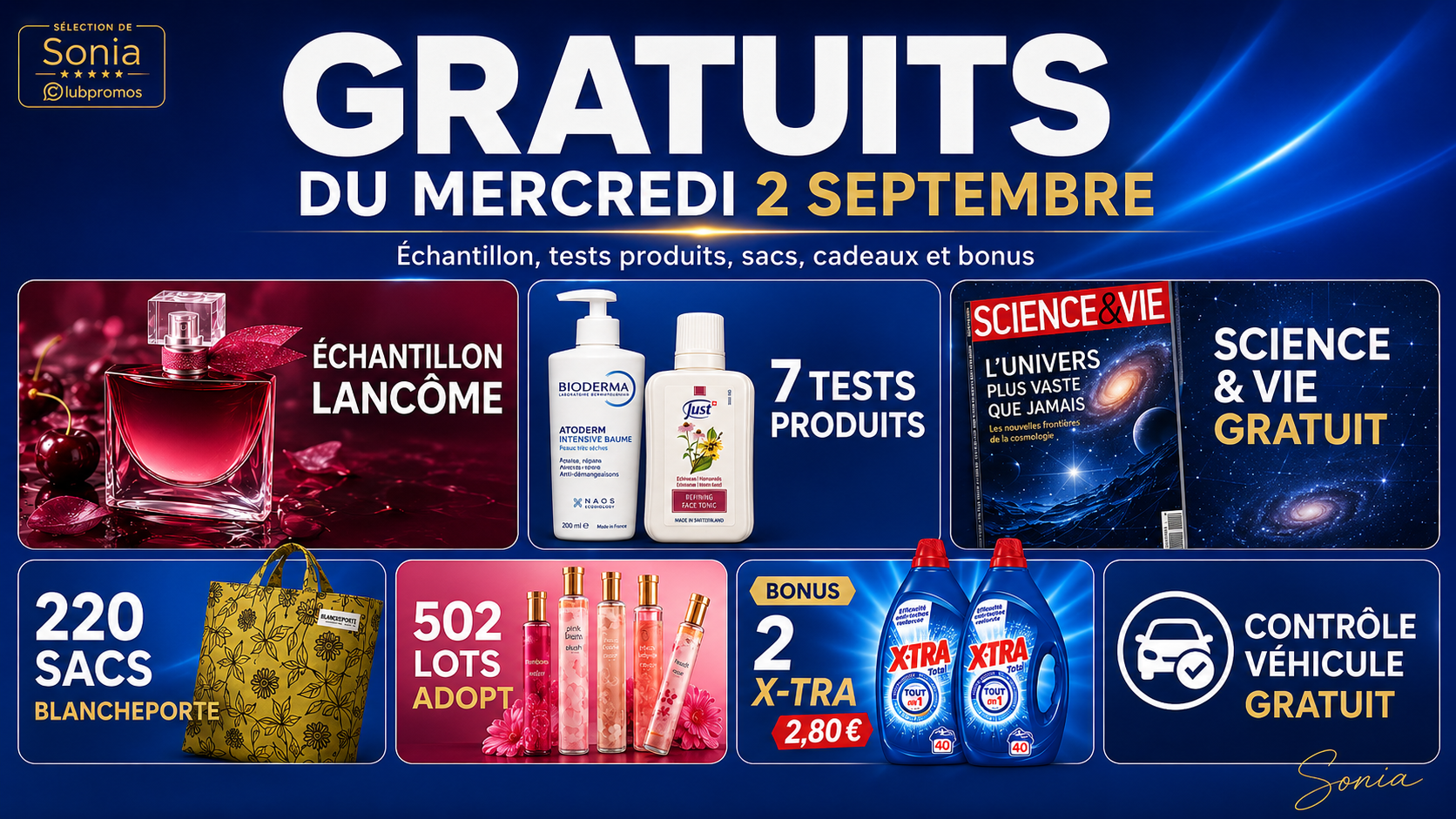 Bannière ClubPromos des gratuits du mercredi 2 septembre 2026 avec tests produits, échantillon Lancôme, cadeaux et bons plans gratuits