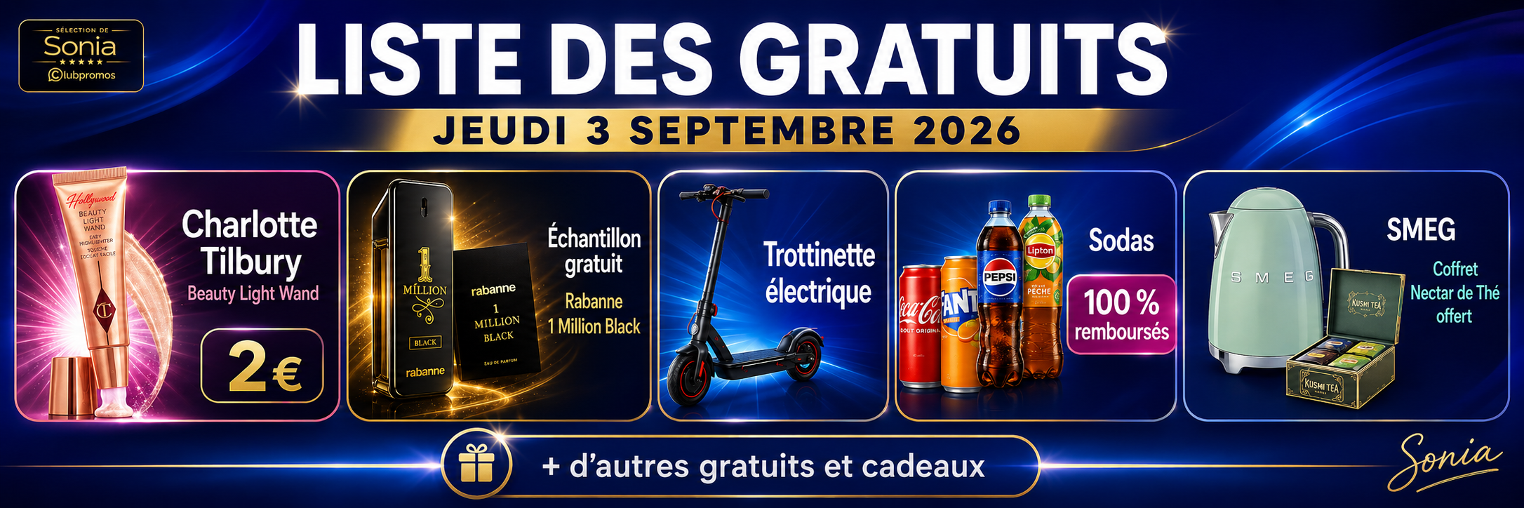 Bannière ClubPromos des gratuits du jeudi 3 septembre 2026 avec échantillon parfum, cadeaux, offres remboursées et bons plans