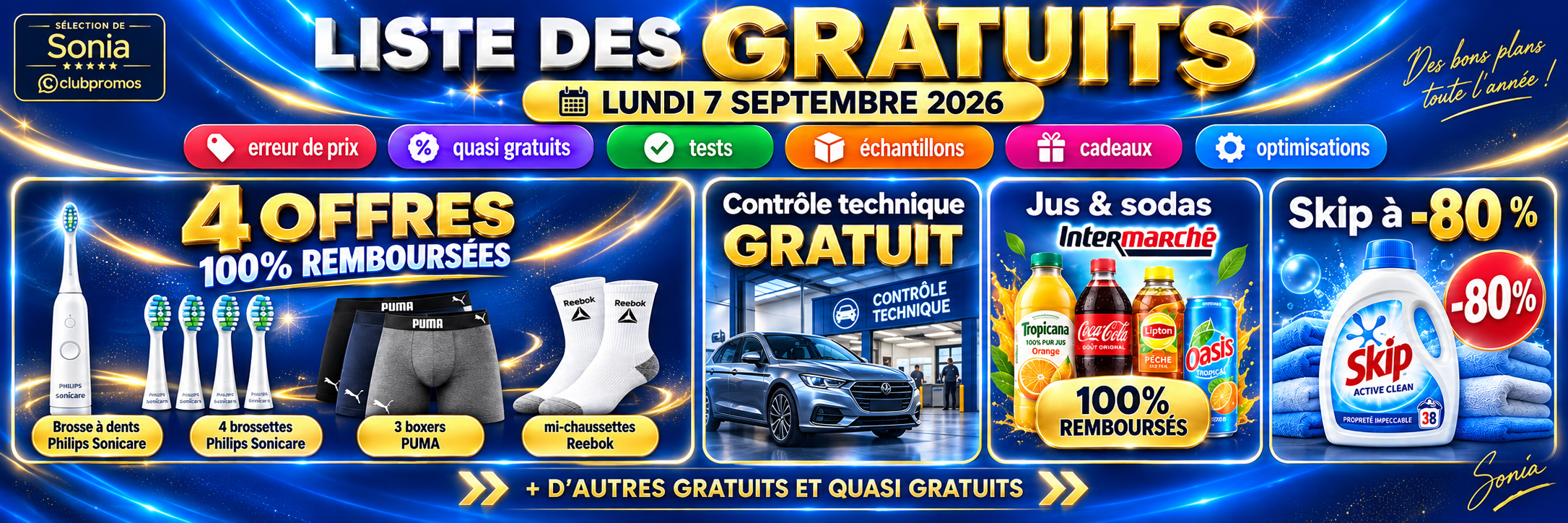 Bannière des gratuits et bons plans du 7 septembre 2026 avec Sonicare 100 % remboursé, boxers PUMA gratuits, Reebok gratuit, contrôle technique offert et Skip à -80 %
