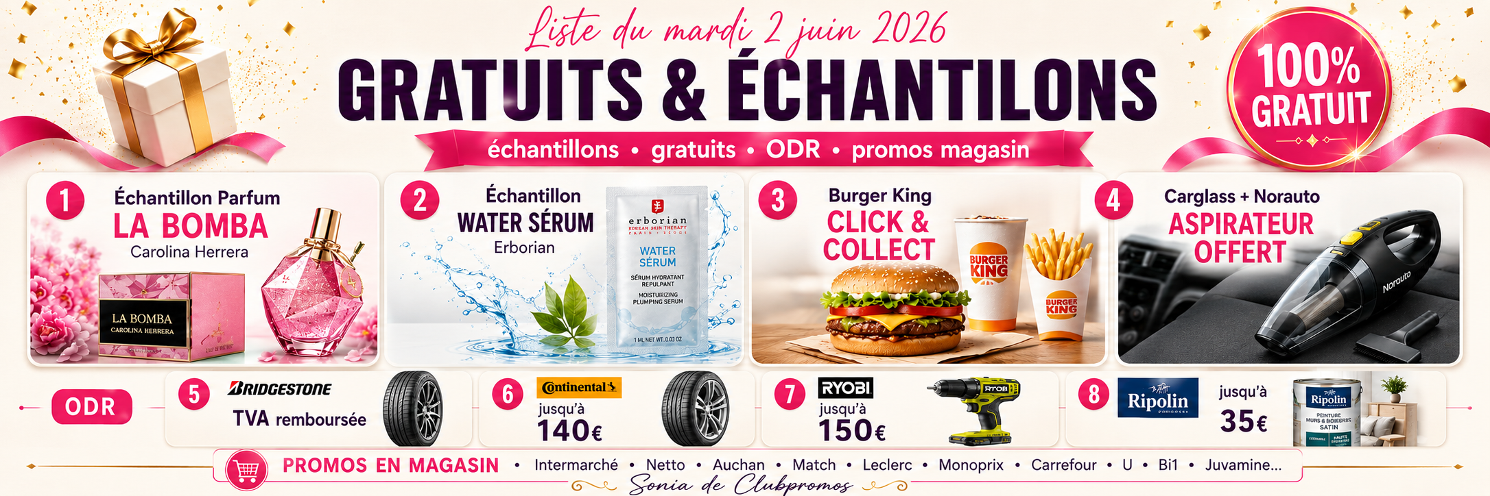 Bannière promotionnelle ClubPromos dédiée aux gratuits, échantillons et offres de remboursement du mardi 2 juin 2026. Les offres phares concernent l'échantillon parfum La Bomba de Carolina Herrera, l'échantillon Water Sérum Erborian, Burger King Click & Collect et l'aspirateur offert avec Carglass et Norauto. La sélection comprend également les ODR Bridgestone, Continental, Ryobi et Ripolin ainsi que de nombreuses promotions en magasin.