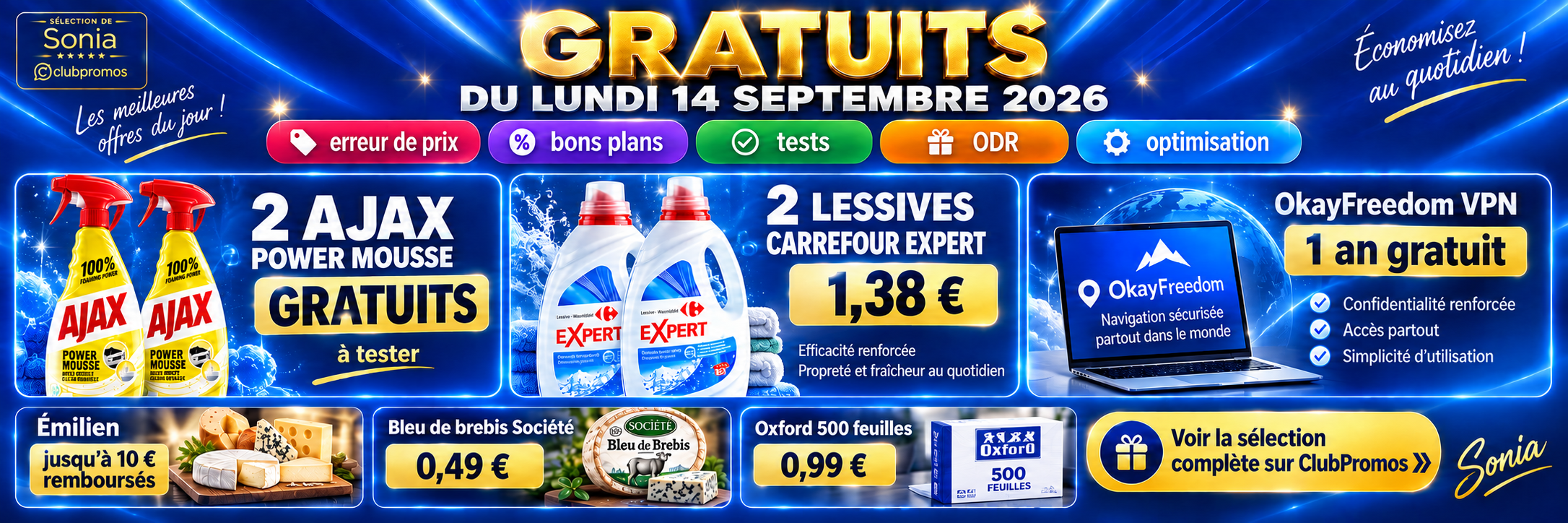 Bannière ClubPromos mettant en avant les gratuits du lundi 14 septembre 2026 avec Ajax Power Mousse gratuit, lessives Carrefour Expert à 1,38 €, échantillon gratuit BOSS Bottled Beyond et 1 an gratuit sur OkayFreedom VPN.
