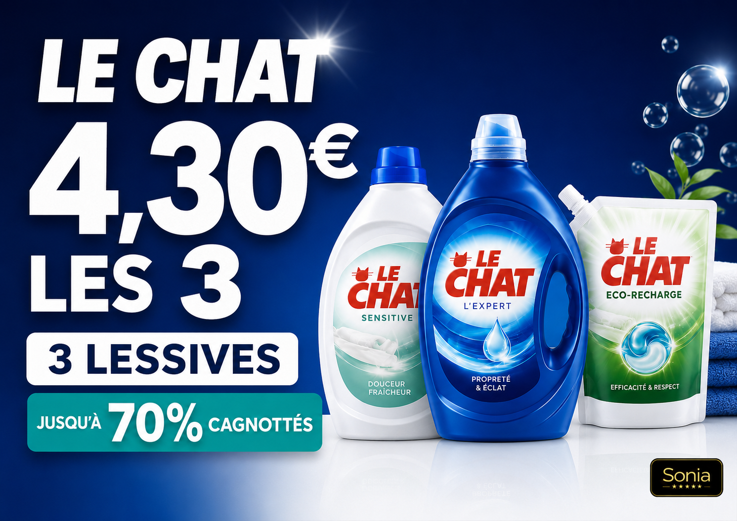 Bannière Le Chat avec 3 lessives potentiellement à 4,30 € grâce aux 70 % E.Leclerc et au Parcours Gagnants