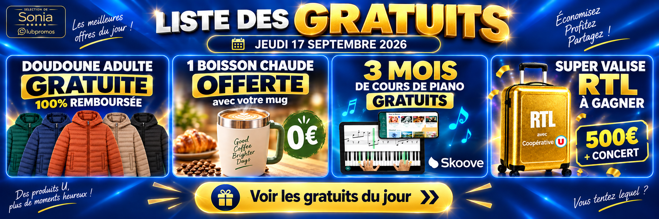 Bannière ClubPromos liste des gratuits du jeudi 17 septembre 2026 présentant les principaux bons plans gratuits et presque gratuits du jour