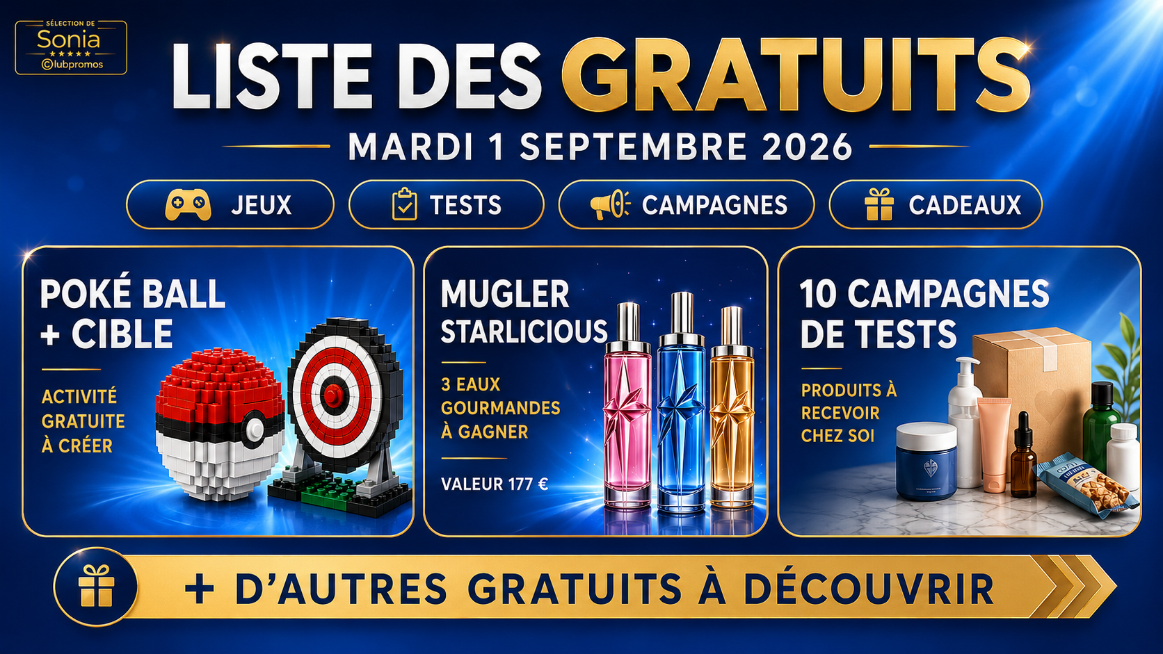 Bannière ClubPromos de la liste des gratuits du 1er septembre 2026 avec campagnes de tests, animation LEGO Pokémon et jeu concours Mugler