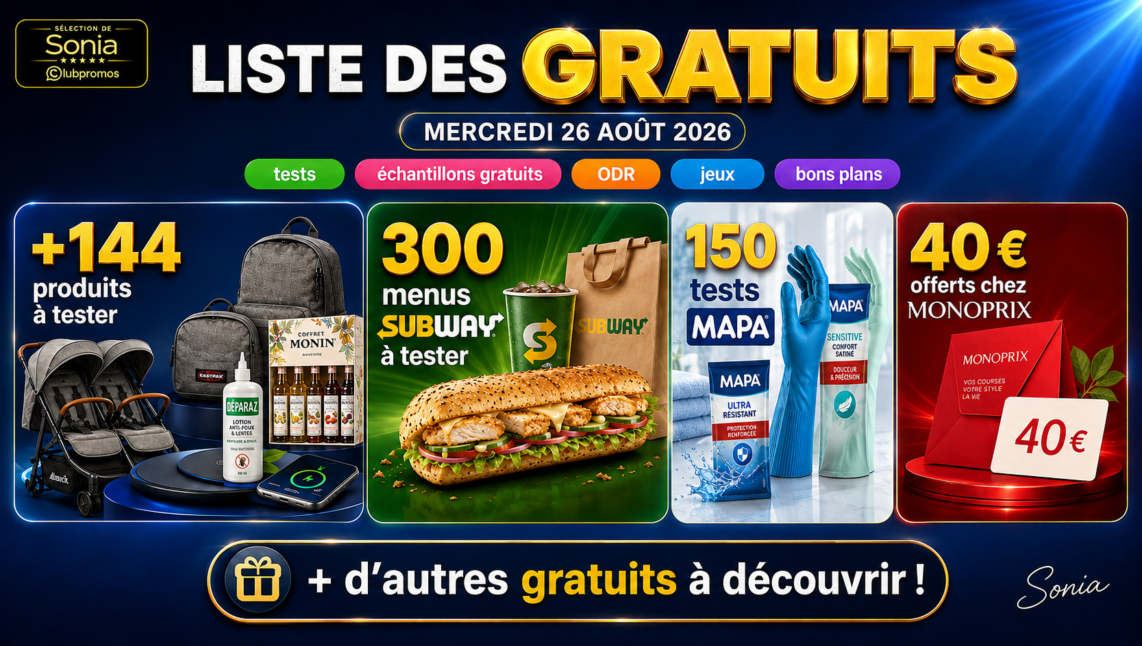 Bannière ClubPromos des gratuits du mercredi 26 août 2026 : tests produits, ODR, jeux, bons d’achat et bons plans.