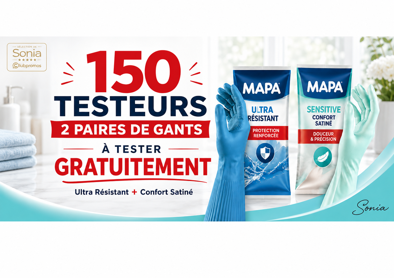 Bannière forum MAPA mettant en avant 150 testeurs recherchés pour recevoir 2 paires de gants gratuitement