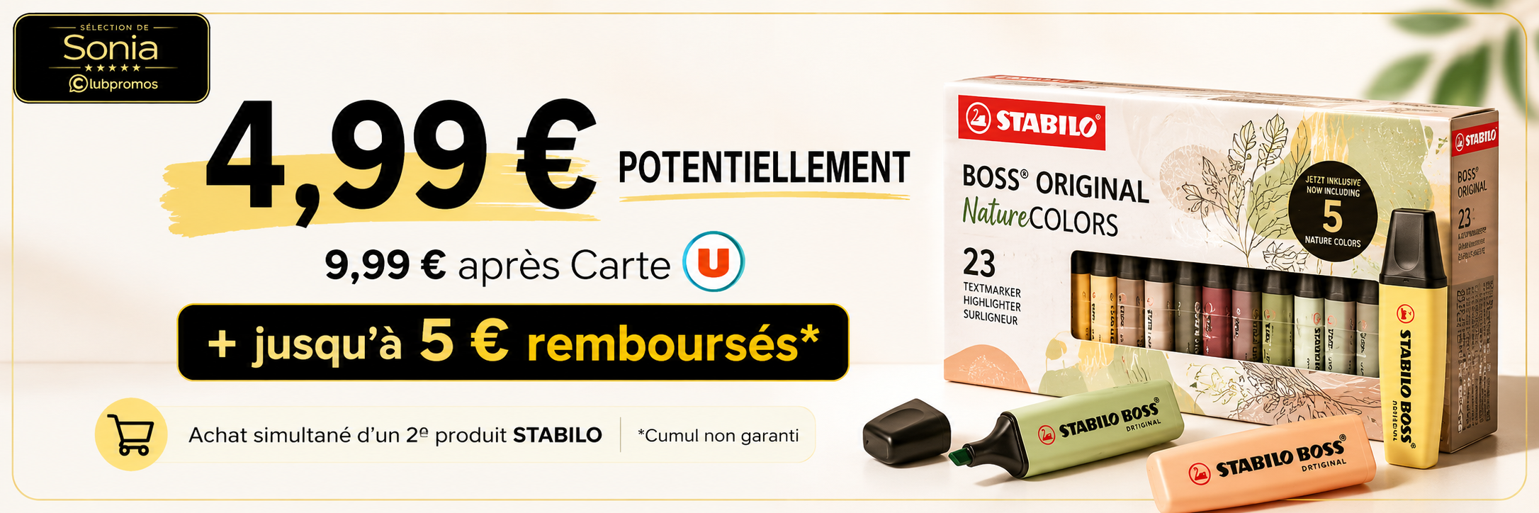 Bon plan STABILO BOSS x23 à 4,99 € potentiellement avec Carte U et offre de remboursement STABILO