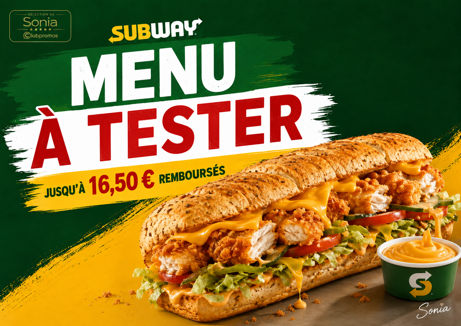 Bannière Subway Crunchy Chicken Cheddar avec 300 ambassadeurs recherchés et jusqu’à 16,50 € remboursés