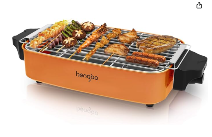 Grill électrique de table HengBO 1800W sans fumée, thermostat 260 °C, plaque antiadhésive amovible, bac collecteur, 4–6 personnes, coloris orange, en promotion à 19,99 € sur Amazon.