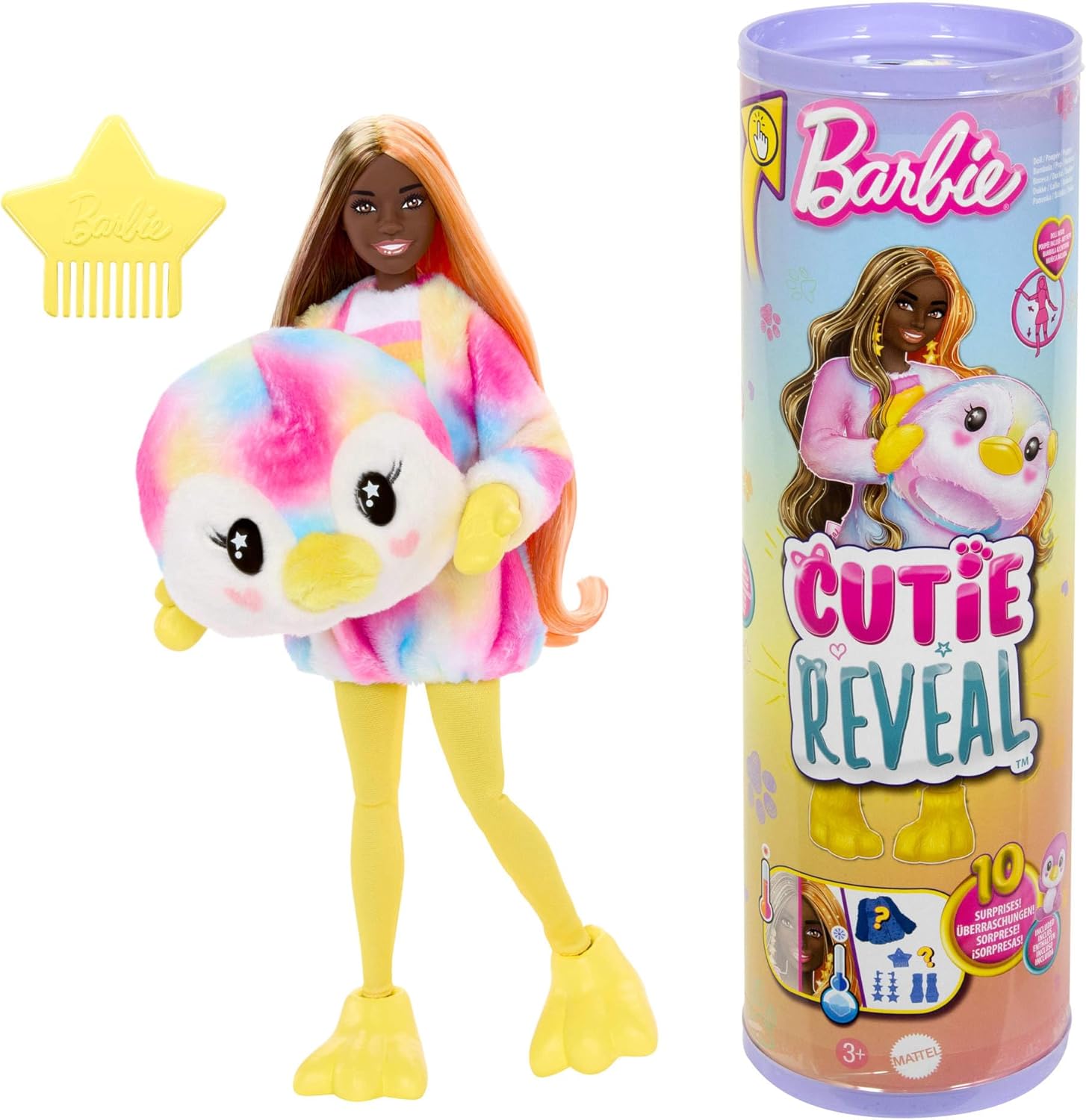 Barbie Cutie Reveal série Rêve Coloré modèle manchot tie-dye HRK40 en promotion à 14,99€, poupée articulée avec costume peluche, mini animal, surprises et effet magique de changement de couleur, parfaite idée cadeau pour enfants, livraison rapide, jouet original signé Mattel