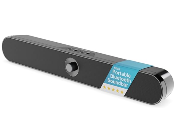 : Barre de son Bluetooth Atlas Majority 20W – compacte, nomade et compatible TV, PC, moniteur et smartphone. Idéale pour les petits espaces avec connectivité USB, micro-SD et AUX. Autonomie 8h. Bon plan Amazon 2025.