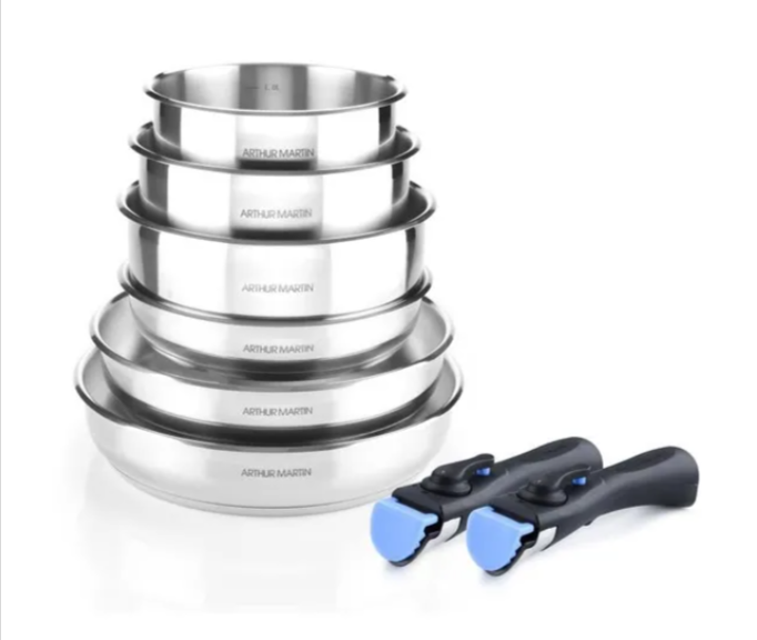  Batterie de cuisine Arthur Martin 8 pièces inox avec poignées amovibles – Tous feux dont induction – Casseroles avec bec verseur