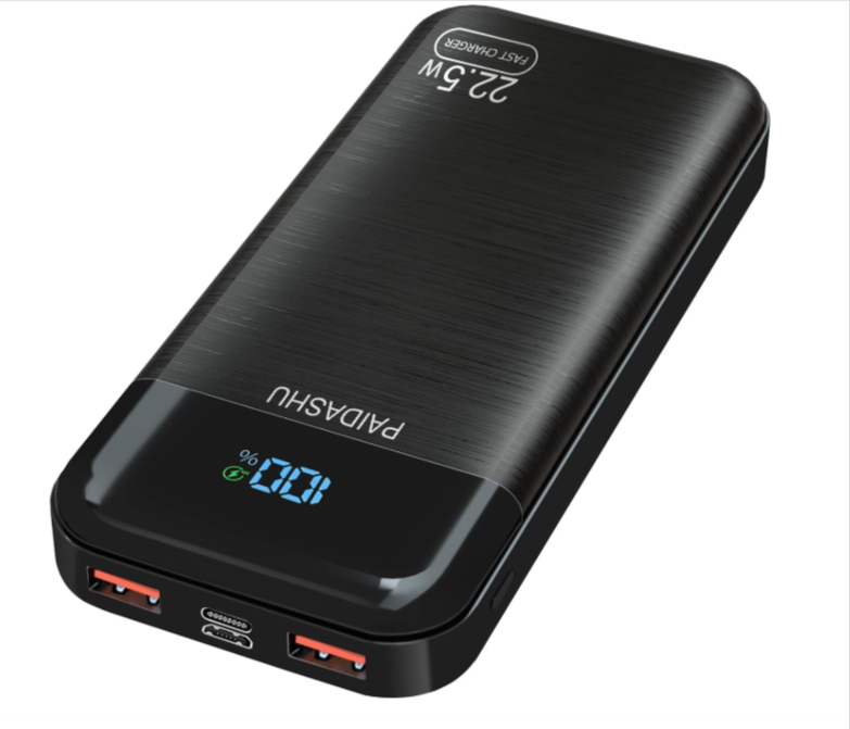  Batterie externe PAIDASHU 27 000 mAh – charge rapide 22,5 W (PD3.0 & QC4.0), 3 sorties USB/USB-C, 2 entrées, écran LED d’état, power bank noire compatible smartphones et tablettes