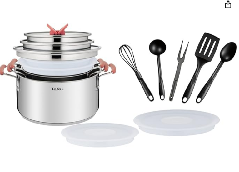  Batterie de cuisine Tefal Opti'Space 13 pièces en inox 18/10, compatible tous feux dont induction, empilable, avec ustensiles inclus et couvercles – bon plan Amazon
