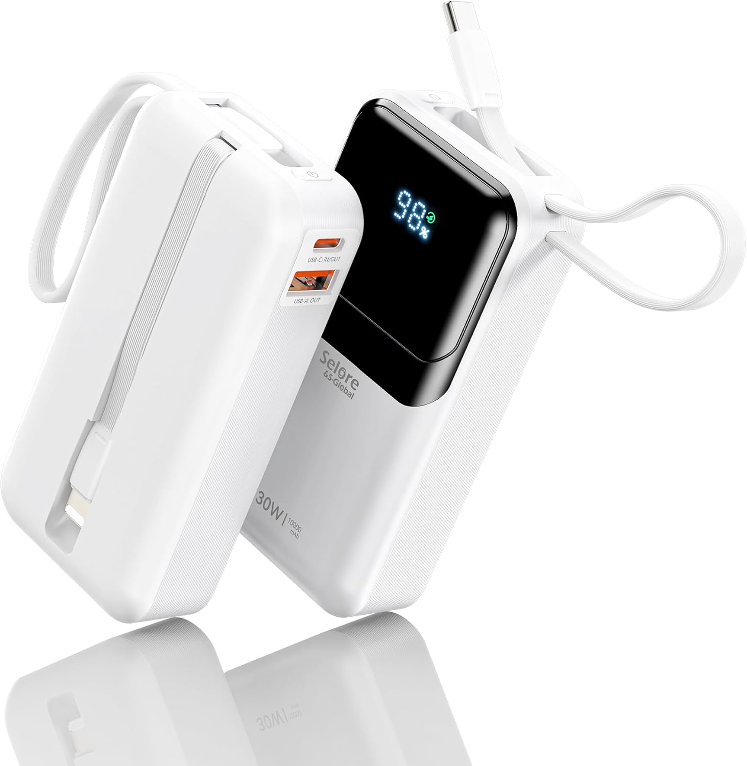 Batterie externe Selore&S-Global 10 000 mAh 30W USB-C, charge rapide PD, 4 sorties dont câbles intégrés, écran LED — bon plan Amazon