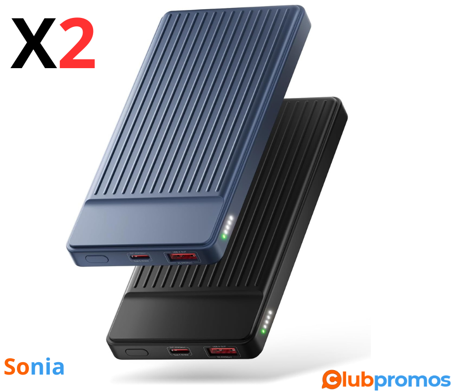 Lot de 2 batteries externes FAHEFANA 10000mAh avec charge rapide PD3.0 QC4.0, port USB-C et USB-A, compatibilité smartphones et tablettes.