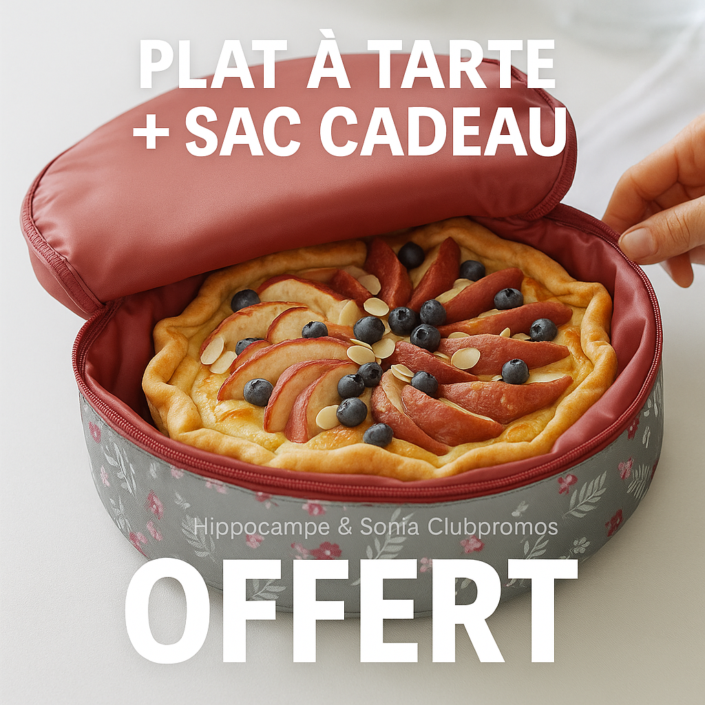 Visuel promotionnel Becquet mettant en avant un plat à tarte avec sac assorti offert, présenté dans une housse fleurie zippée, avec une tarte gourmande à l'intérieur. L'offre inclut également les frais de port offerts. 
