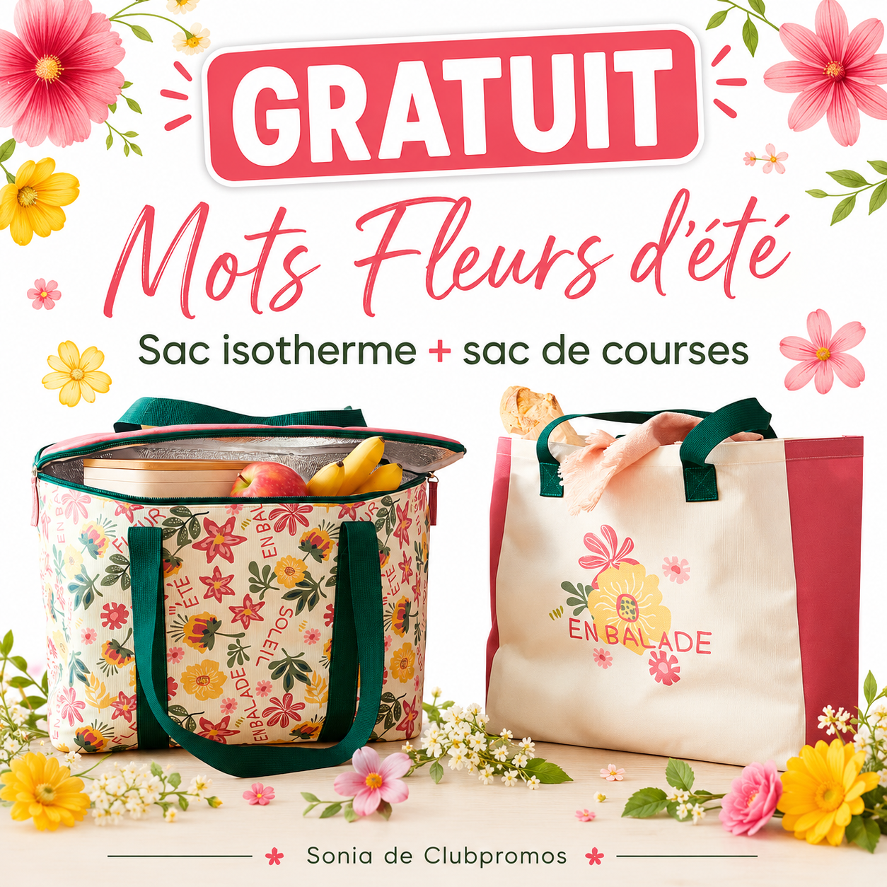 Becquet un sac isotherme et un sac de courses Mots Fleurs d'été en cadeau.png