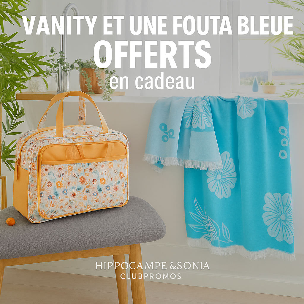 Visuel du bon plan Becquet montrant un vanity floral multipoches et une fouta bleue à motifs floraux offerts en cadeau. Mise en scène lumineuse et estivale dans une salle de bain avec plantes, pour illustrer une offre exclusive sur le site Becquet. Idéal pour les départs en vacances.