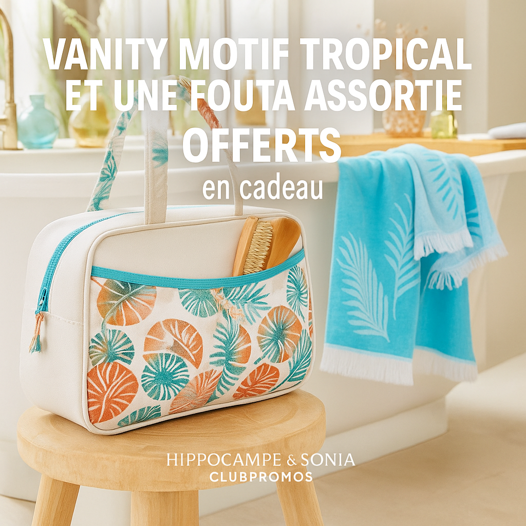 Visuel du bon plan Becquet : un vanity motif tropical multicolore et une fouta bleue assortie offerts en cadeau. Mise en scène chaleureuse dans une salle de bain lumineuse, illustrant l'offre exclusive Becquet Création, parfaite pour l’été ou les vacances bien organisées.