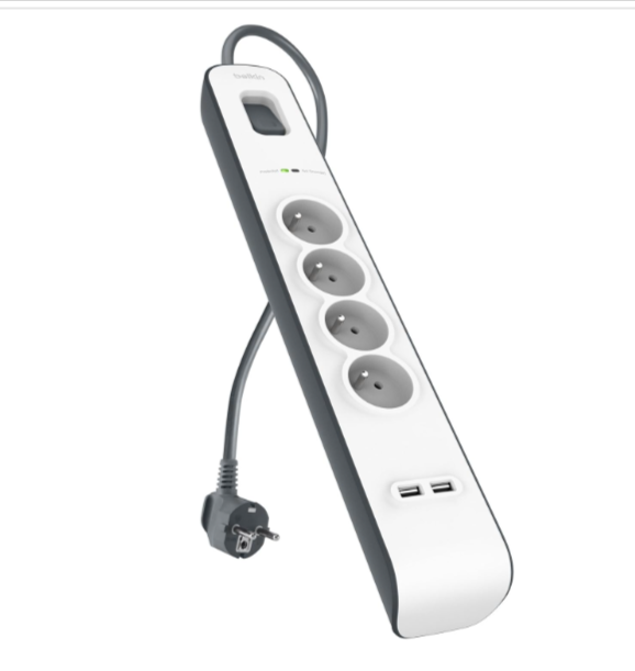  Multiprise parafoudre Belkin 4 prises, 2×USB 2,4 A, 525 Joules, cordon 2 m, voyants protection/terre – modèle BSV401ca2M – offre Amazon.