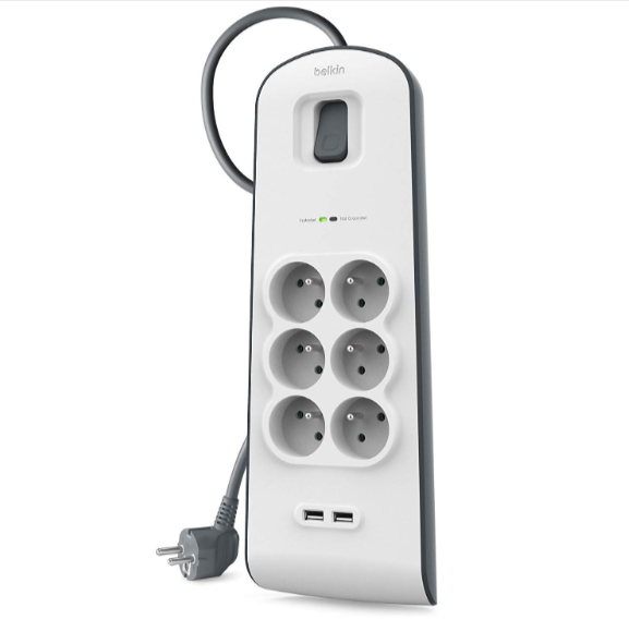 Multiprise Parafoudre Belkin 6 prises 650 joules, 2 ports USB, Cordon 2m, Blanc, Protection contre les surtension