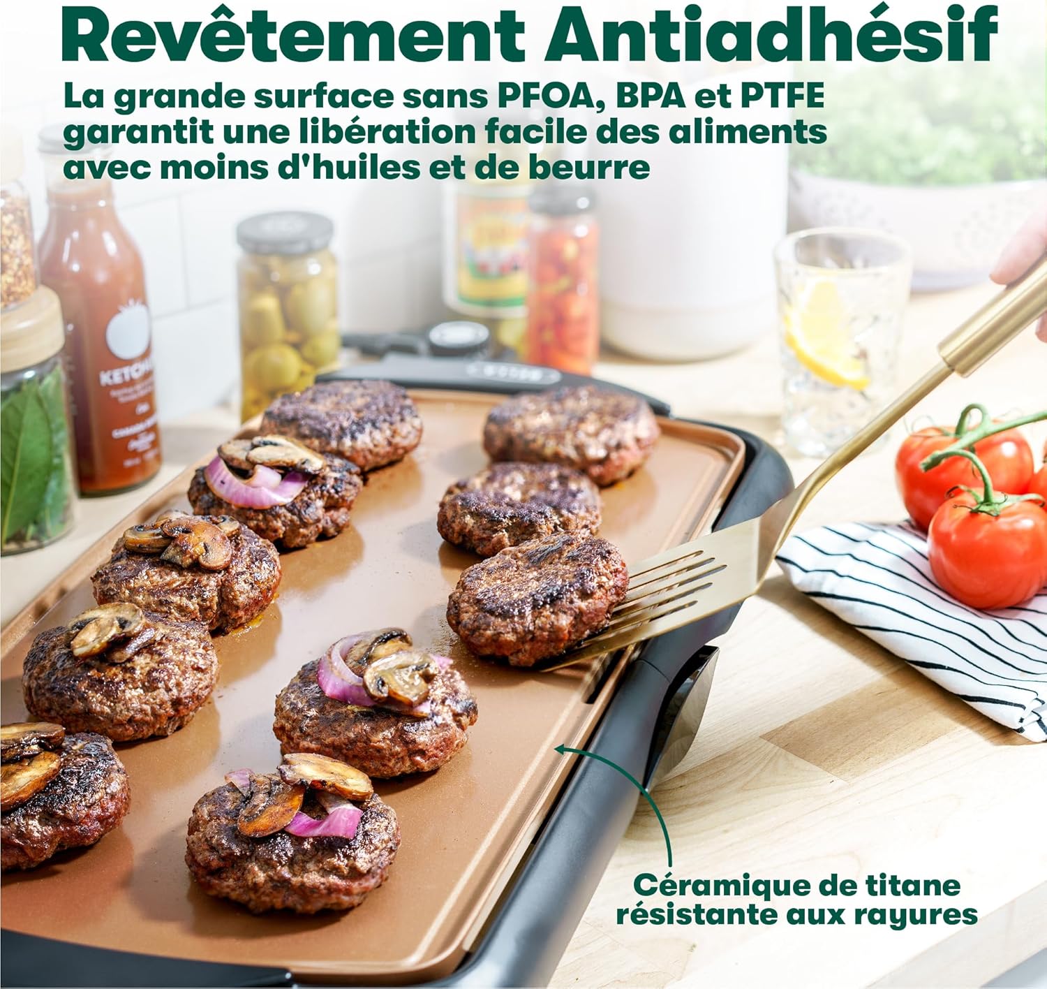 Plaque de cuisson électrique BELLA Copper 26,7 x 50,8 cm à 14,63€ sur Amazon, thermostat amovible, puissance 1500 W, revêtement céramique antiadhésif renforcé titane, idéale pour crêpes tortillas œufs et cuisson rapide.