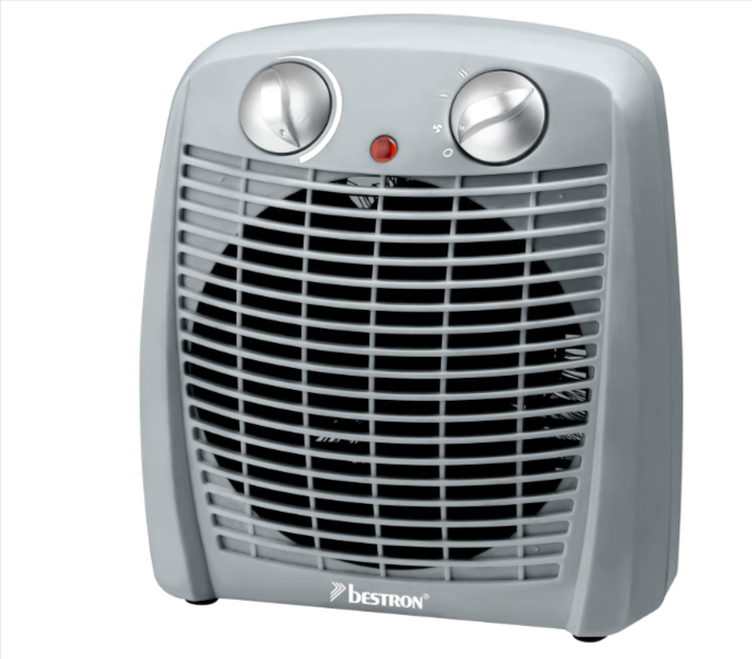 Radiateur soufflant Bestron AFH211G 2000 W – compact (19×22×13 cm), thermostat, sécurité anti-basculement & anti-surchauffe, idéal petit espace / salle de bain (avec précautions).