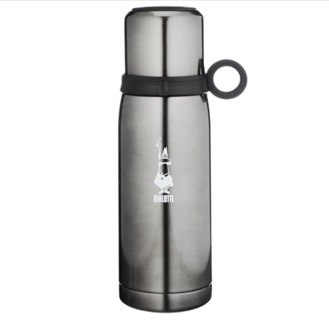  Bouteille isotherme Bialetti To Go 460 ml avec bouchon-tasse, acier inoxydable double paroi, gris foncé, chaud 12h et froid 24h.