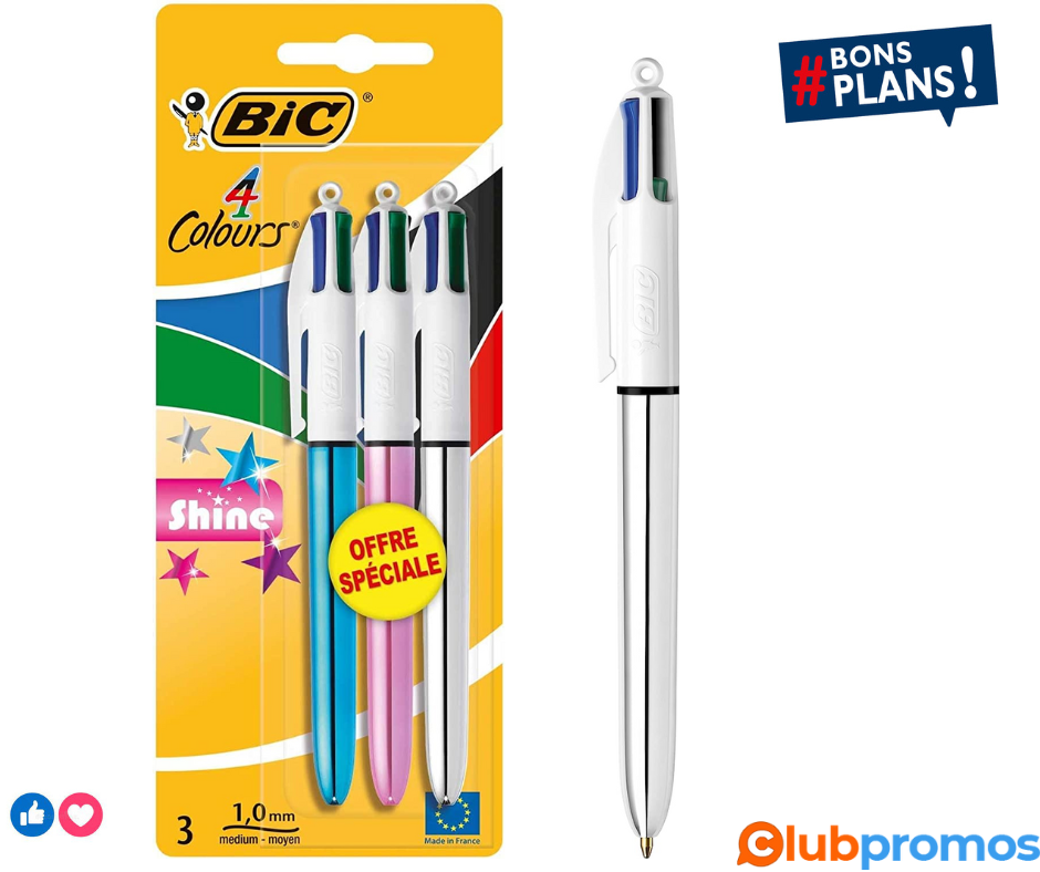 BIC 4 Couleurs Shine Stylos-Bille Rétractables Pointe Moyenne (1,0 mm) - Corps Assortis Métall...png