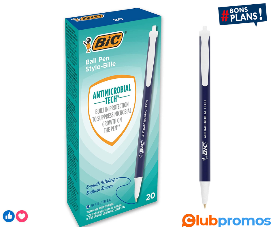 BIC Stylos-bille rétractables à technologie antimicrobienne, Pointe Moyenne (1,00 mm) - Bleu, ...png
