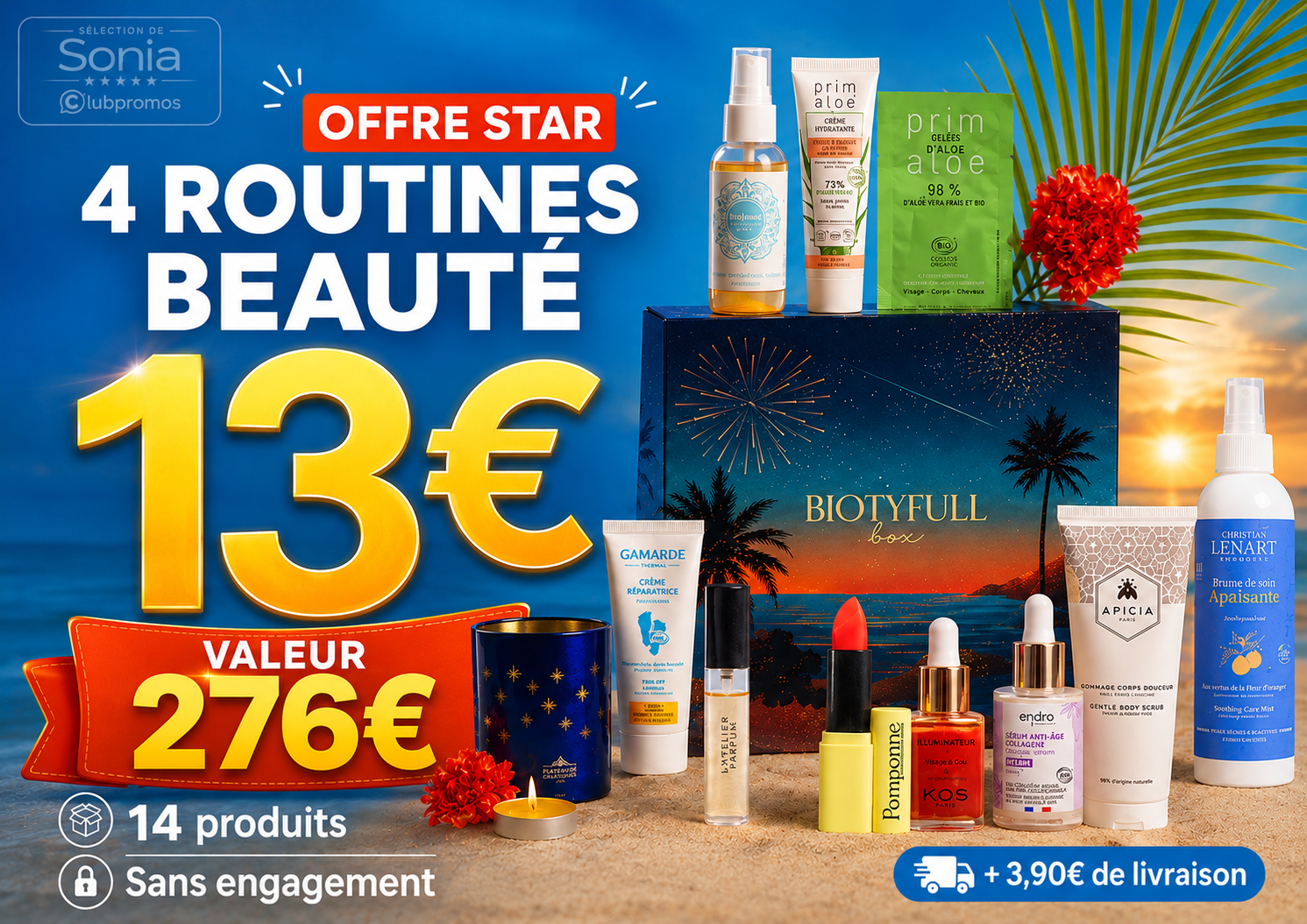 Bannière des 4 routines Biotyfull Box contenant 14 produits pour 13 € avec une valeur annoncée de 276 €