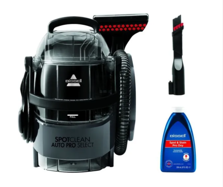Nettoyeur-détacheur portable BISSELL SpotClean Auto Pro Select 3730N, 750 W, double réservoirs 2,8 L/2,2 L, tuyau 1,5 m, brosse 15 cm et suceur XL, idéal canapés, tapis, sièges auto, disponible chez Cdiscount.