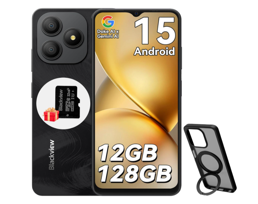 Blackview Wave 9C — 6,56 HD+ 60 Hz, 12 Go RAM étendue + 128 Go, Android 15, 5 000 mAh, double SIM 4G, GPS/Glonass/Galileo, coque rotative, microSD 32 Go incluse.